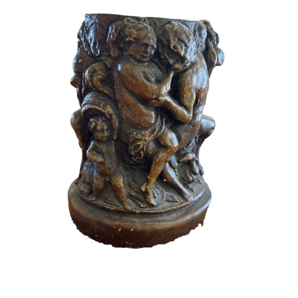VTG Roman Greek Like Chalware Plaster 6" Vase with Female, Male, Birds And Child